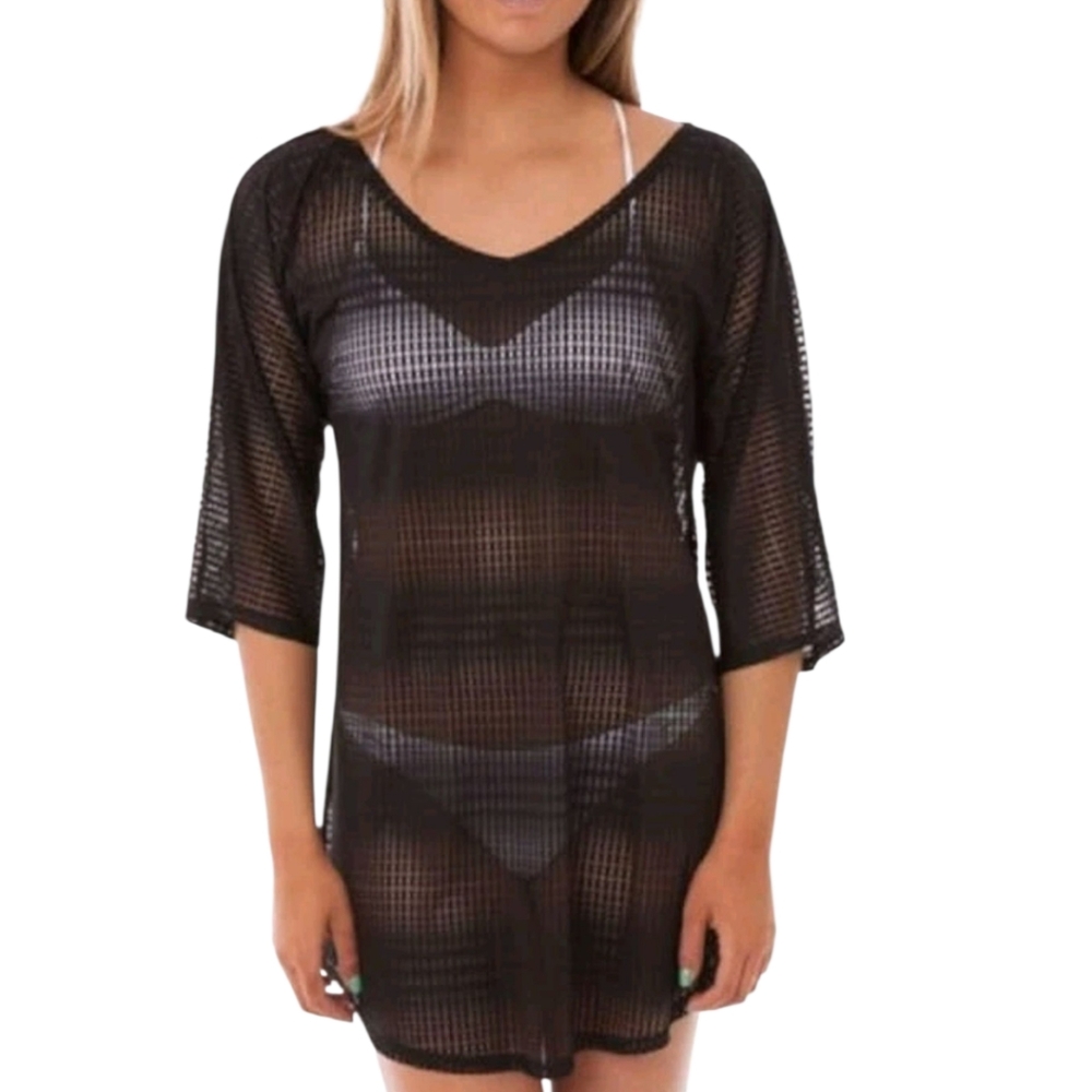 O'Neill Women's Swim Suit Beach Cover up Black Mesh Size XL Pool V-neck Sleeves